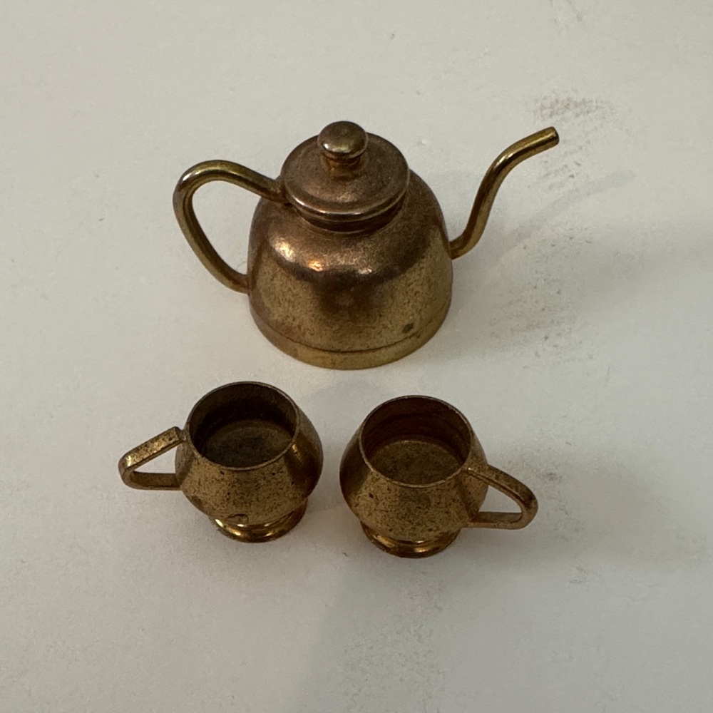 Vintage Miniature Dollhouse Brass Teapot and Cup Set